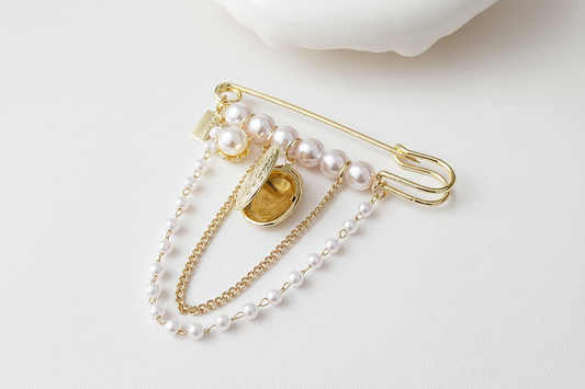 Gold Pearl Tassel Locket Brooch