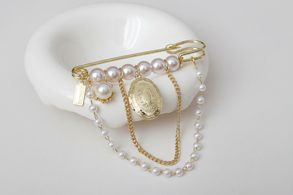 Gold Pearl Tassel Locket Brooch