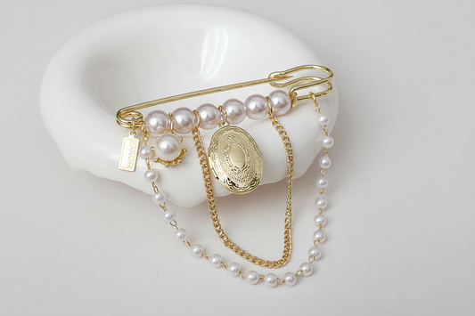 Gold Pearl Tassel Locket Brooch
