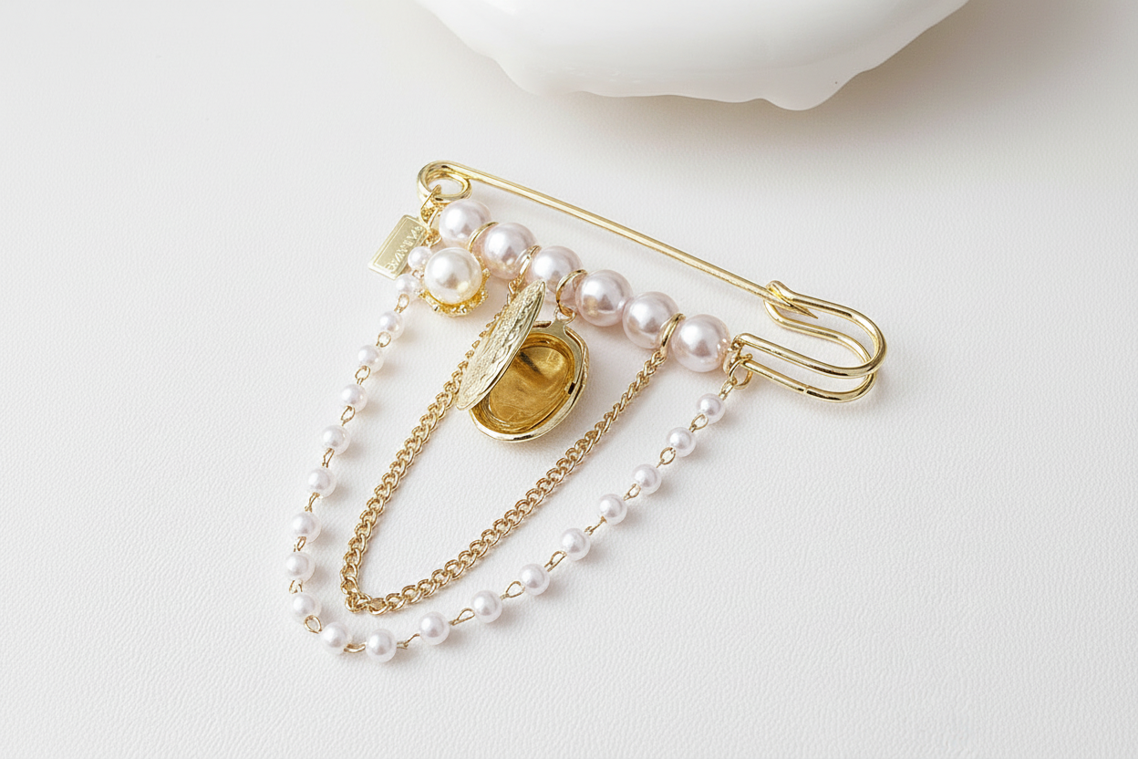 Gold Pearl Tassel Locket Brooch